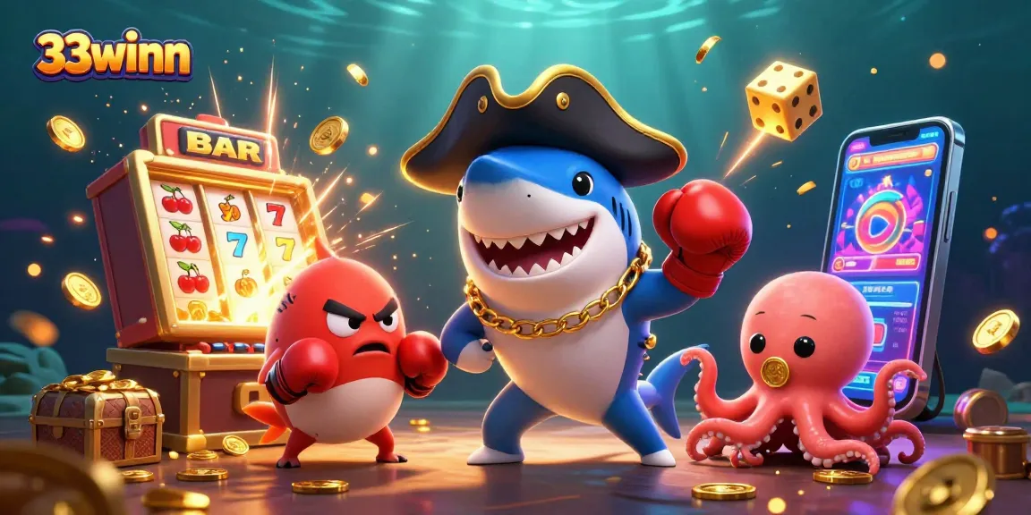 Engage with thrilling 33winn gameplay featuring a pirate shark, pufferfish, and octopus amidst a jackpot explosion.