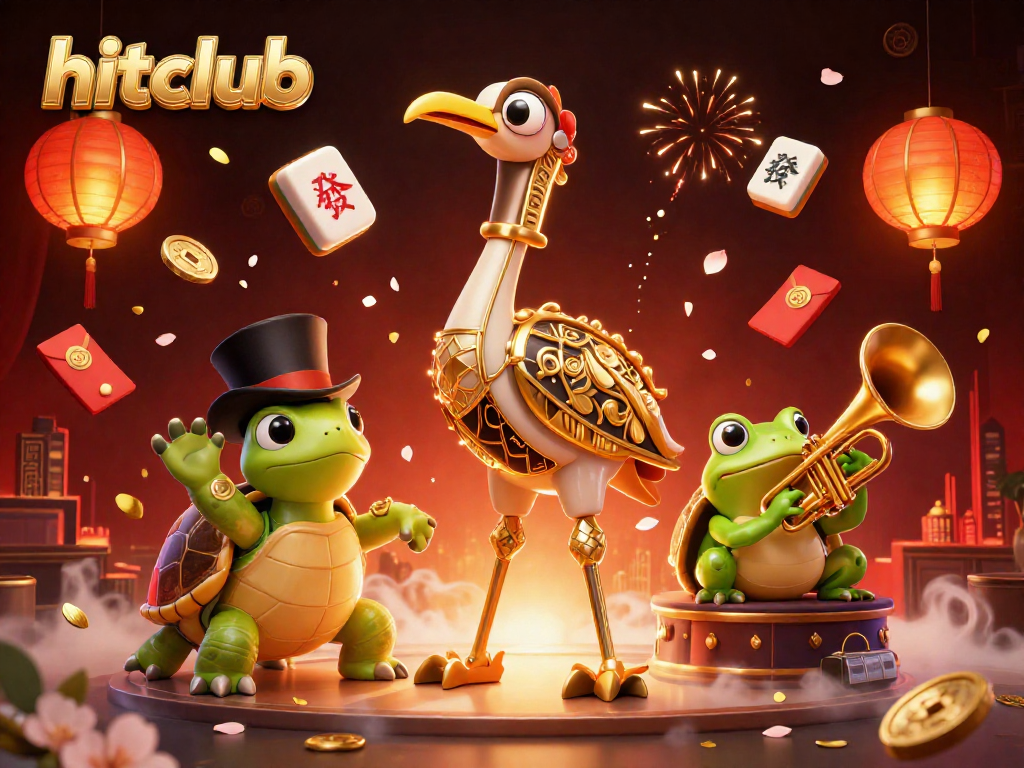 Engage in hitclub gaming adventures as a colorful crane, turtle, and frog entertain at a lively casino scene.