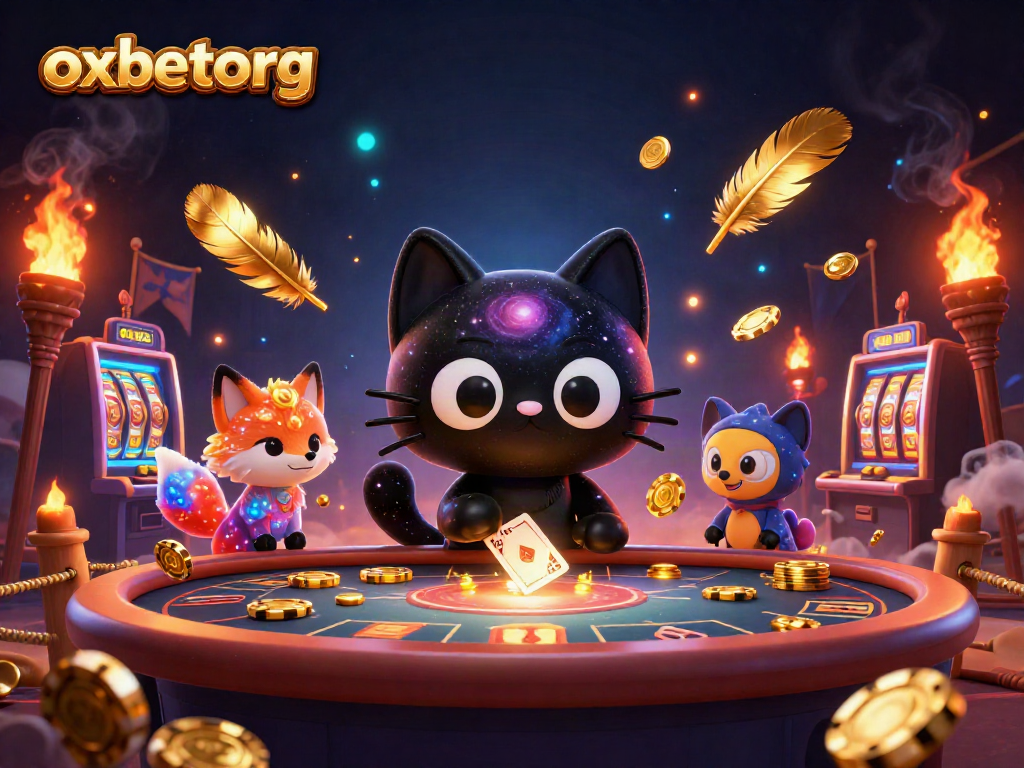Engage with oxbetorg's vibrant cosmic casino scene featuring a whimsical black hole cat attracting golden chips.