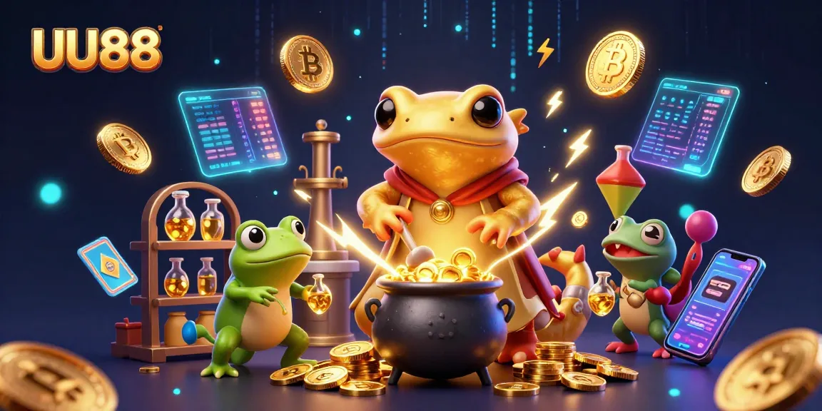 UU88 offers exhilarating games as a golden salamander alchemist creates gold coins in a dynamic scene.