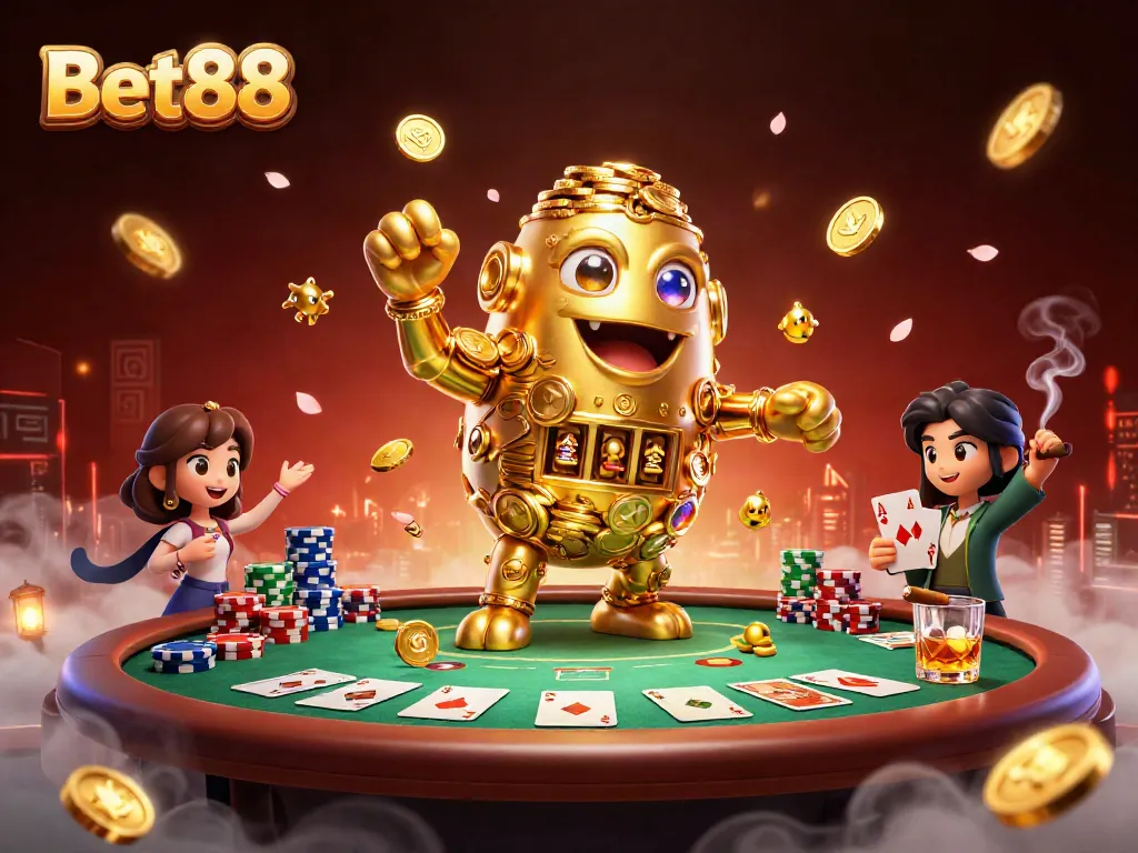 Experience the thrilling world of Bet88 with a lively casino scene filled with characters and vibrant gaming elements.