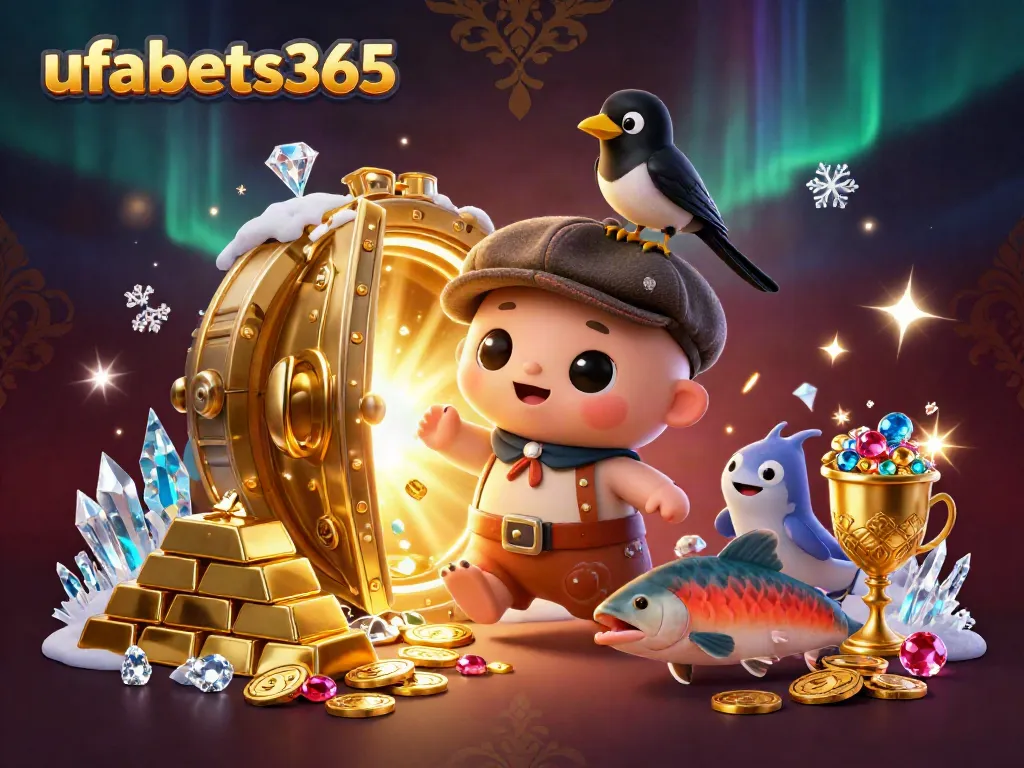 Playful scene with ufabets365 characters, gold treasures, and dynamic casino elements.
