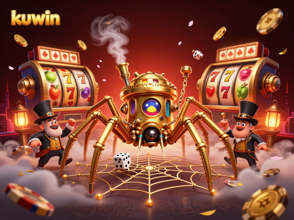 Spin and win with kuwin's captivating 3D casino illustration featuring charming characters and vibrant game elements.