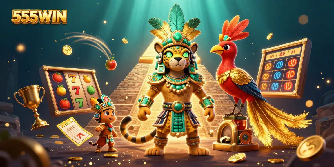 Immerse in the vibrant world of 555WIN with a Mayan theme showcasing slot machines and winning elements.