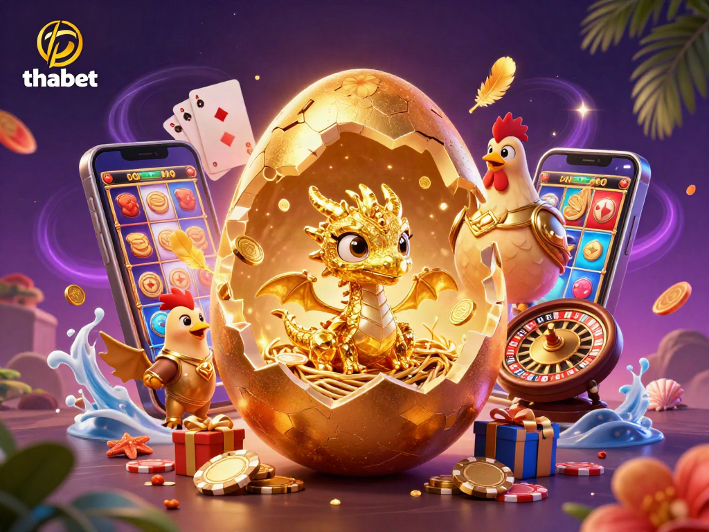Thabet showcases a gold dragon with poker chips among vibrant gaming visuals.