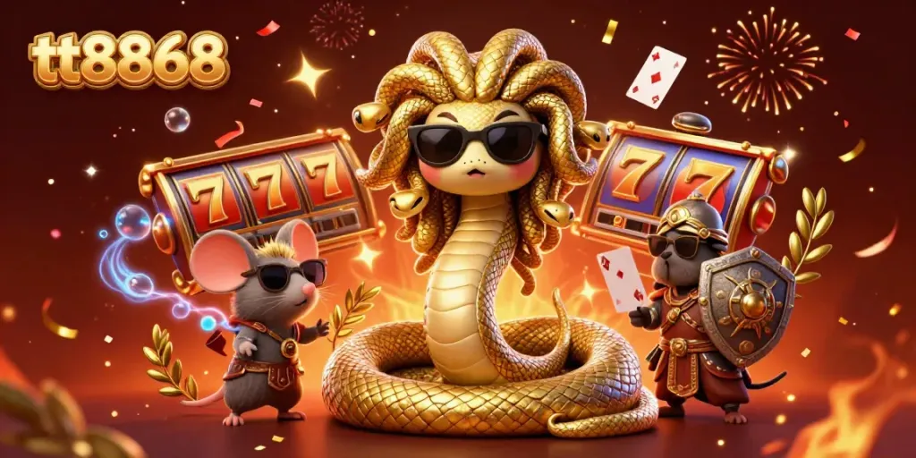 Experience exciting casino adventures with tt8868 featuring Medusa and a warrior mouse in a vibrant slot-themed illustration.
