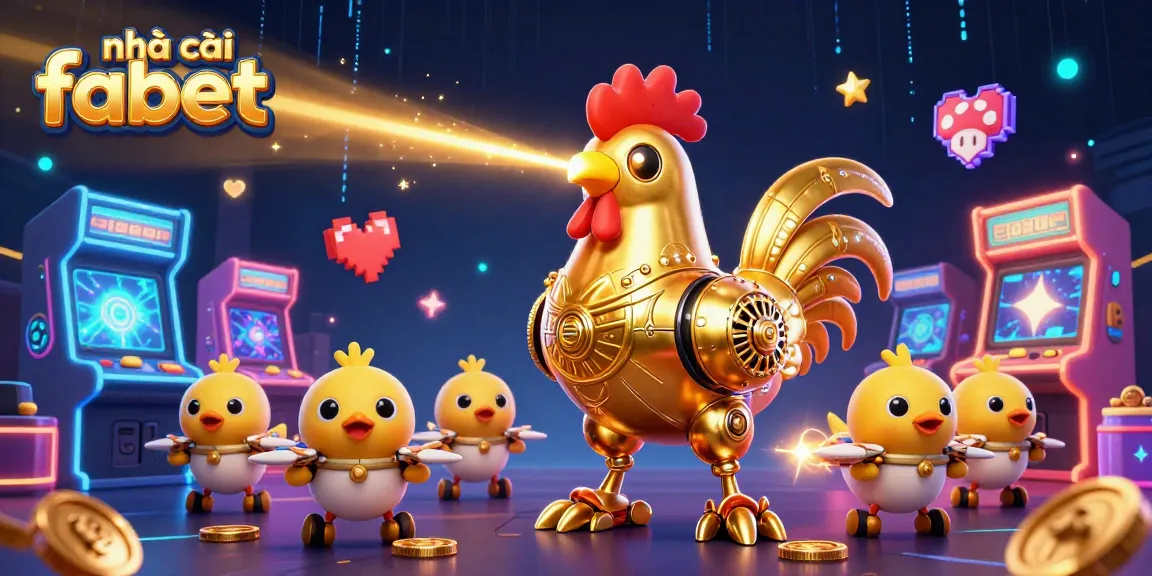 Engage in gaming fun with nhà cái fabet's vibrant 3D illustration featuring a dynamic golden rooster robot.