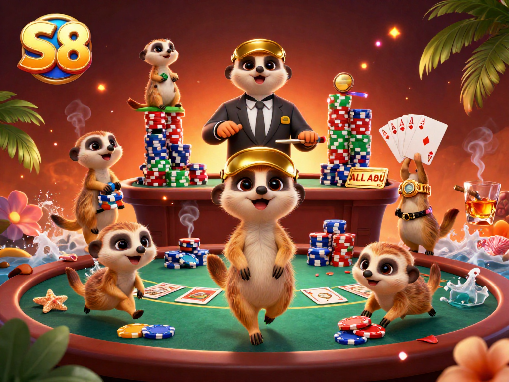 S8 meerkats oversee an exciting casino scene filled with poker action and vibrant energy.