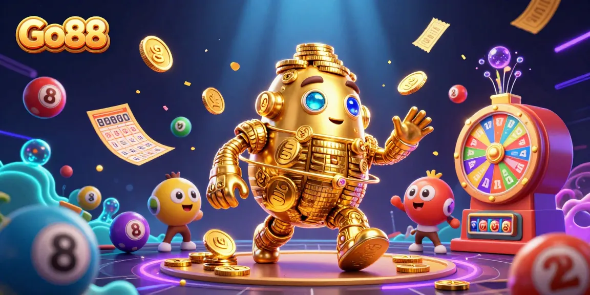 Engage in exciting gaming with Go88, featuring a golden golem and vibrant lottery elements.