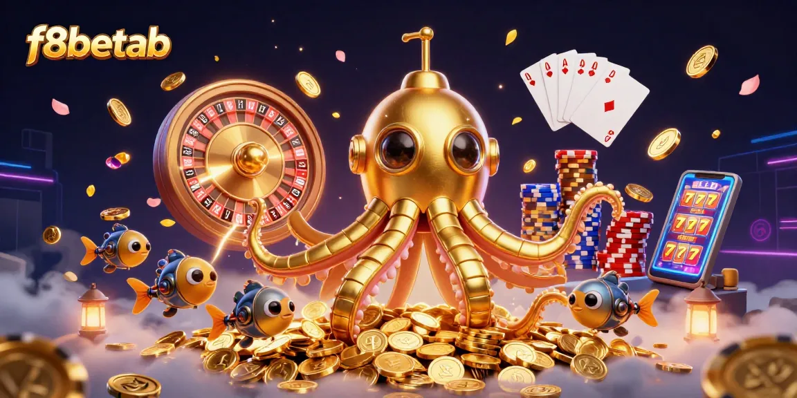 Engage with f8betab's online gaming fantasy, featuring a golden kraken submarine and dazzling casino elements.