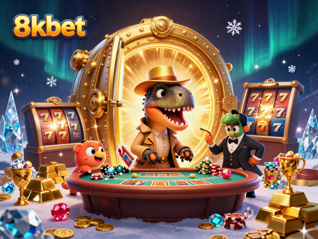 Engage with the thrilling scene at 8kbet as a cartoon velociraptor counts cards while dazzling treasures surround him.