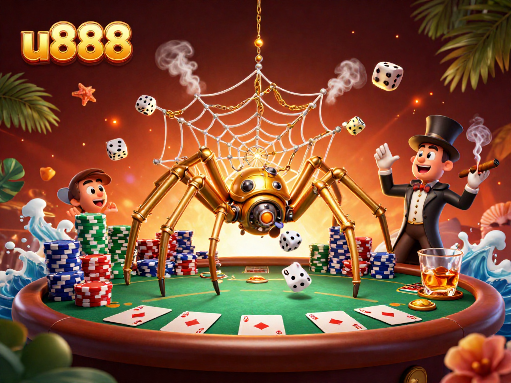 Engage in thrilling gameplay with u888 as a golden spider catches dice in an elaborate web.