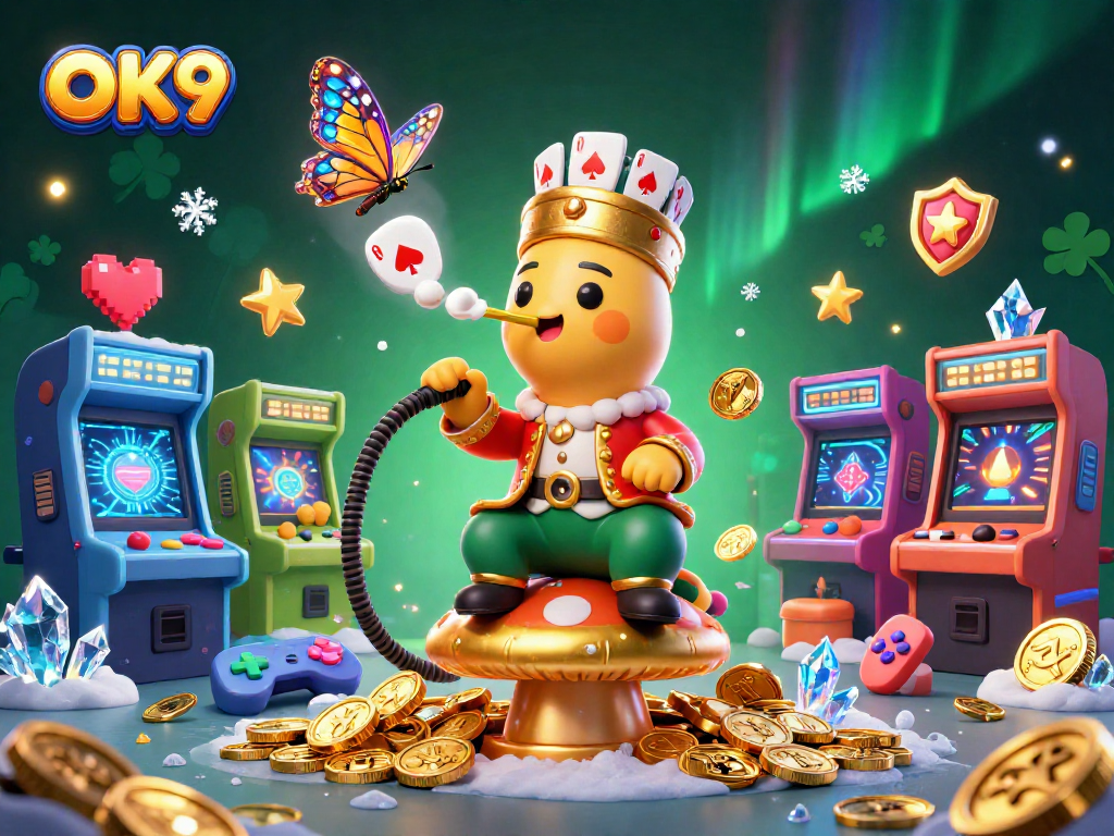 Engage in thrilling games at OK9's dynamic casino scene featuring unique characters and vibrant elements.