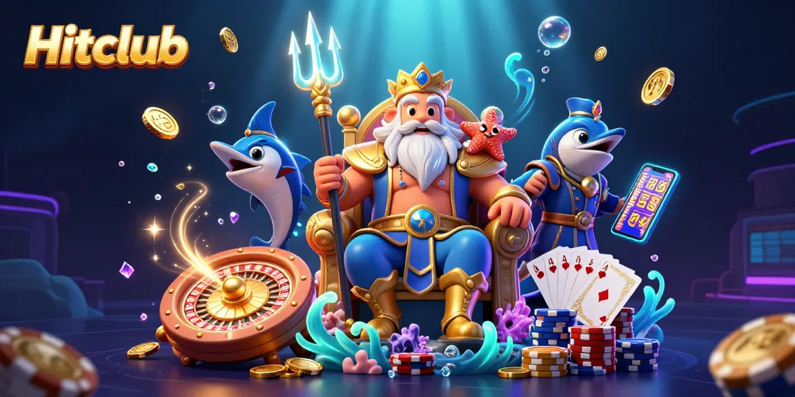 Hitclub showcases an exhilarating gaming experience with sea king Neptune, coins, and slot machines.
