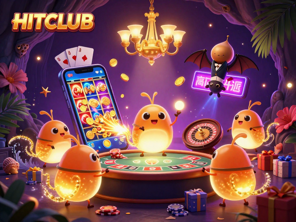 Hitclub glows in a casino with glowworms lighting up games and a bat dealer, bursting action.