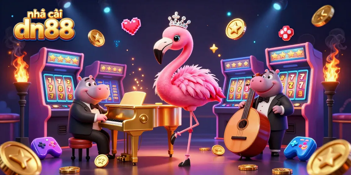 Experience the vibrant energy of nhà cái dn88 with colorful gaming elements and dynamic characters in a lively casino setting.