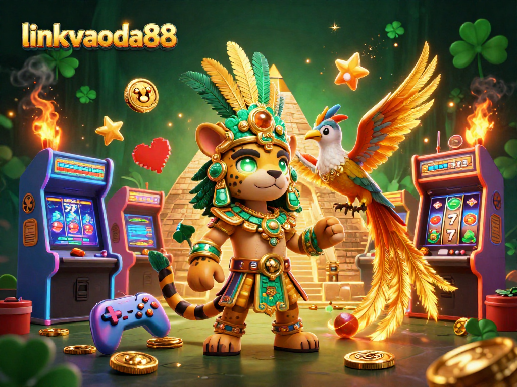 Spin the reels and win with vibrant linkvaoda88, featuring a Mayan jaguar priest and arcade games.