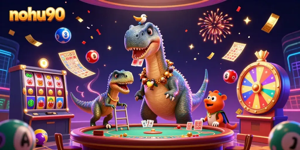 Experience engaging gameplay at nohu90 with a dynamic casino scene highlighting spinning slot reels and colorful elements.