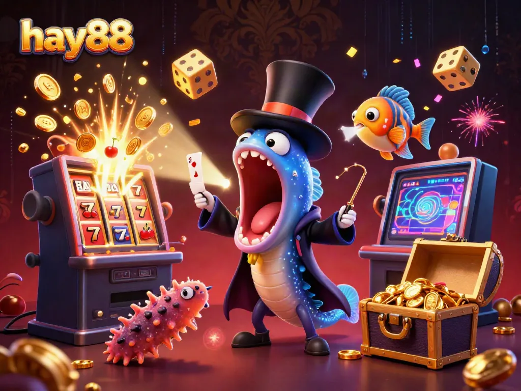 Experience excitement with hay88's vibrant casino scene featuring an animated gulper eel magician.