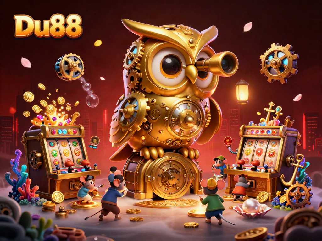 Engage with Du88 for thrilling casino adventures featuring dynamic slot machines and a whimsical owl.