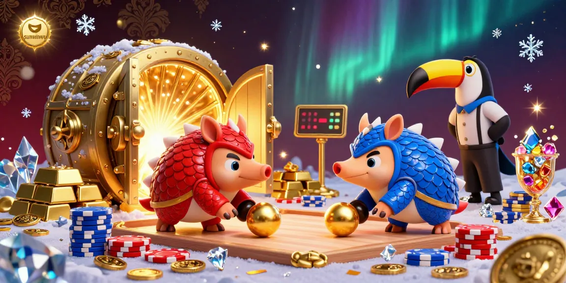 Experience sunwinvn's thrilling gameplay scene with pangolins bowling through poker chips amidst treasure.