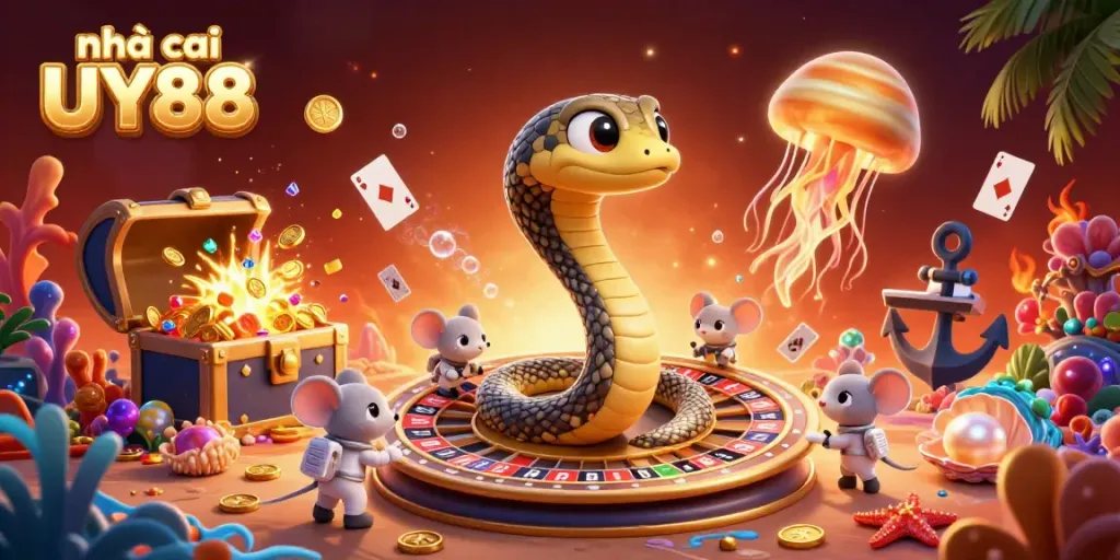 Enjoy the excitement at nhà cái UY88 with vibrant 3D cosmic casino scene featuring betting astronaut mice.