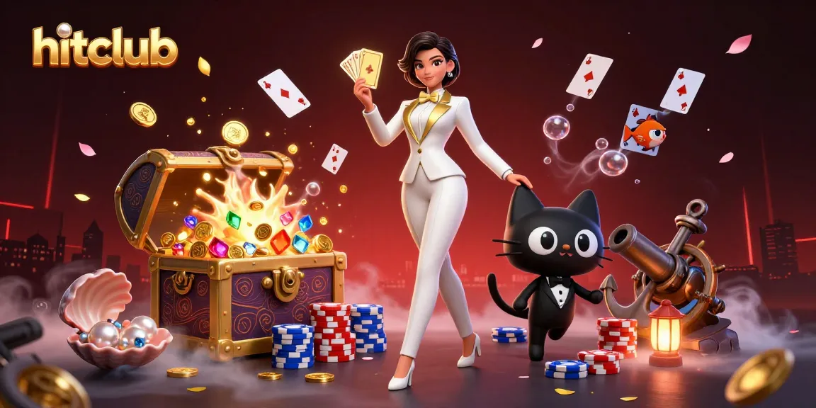 Experience the thrill of hitclub as a glamorous dealer shuffles cards among vibrant casino treasures.