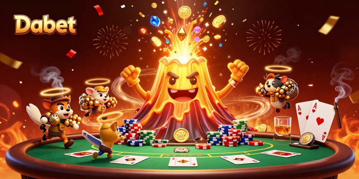 Dabet showcases thrilling wins with a cartoon volcano erupting coins and a poker scene, creating excitement.