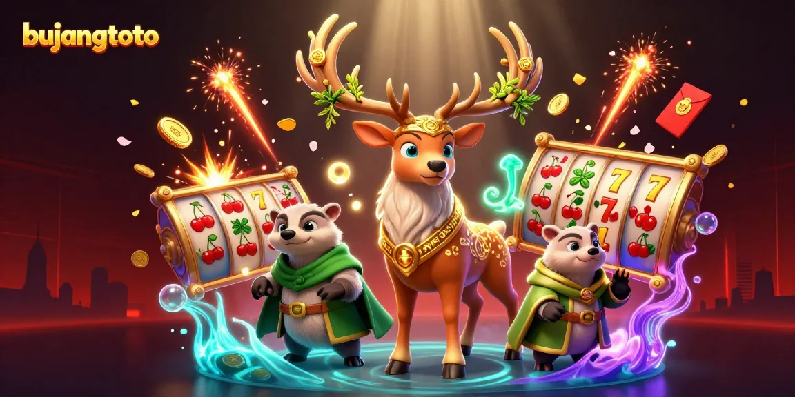Engage with bujangtoto through 3D illustration showcasing a Celtic druid stag and slot reels.