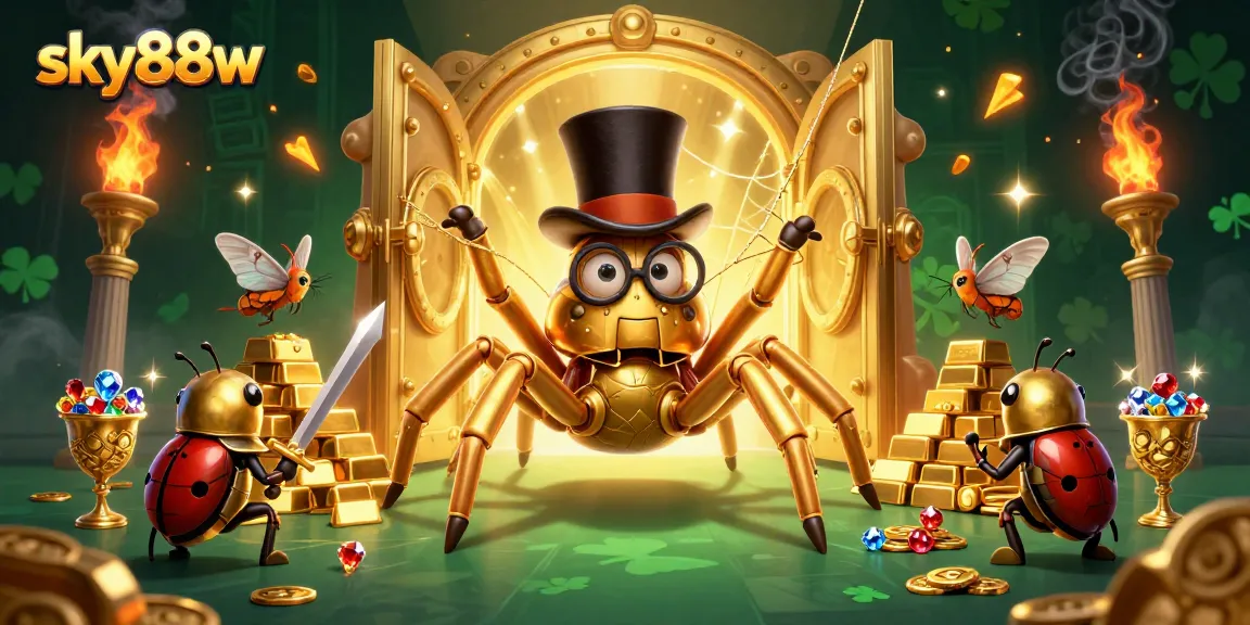 Engage in thrilling gameplay at sky88w with a vivid scene of a giant golden tarantula weaving riches.