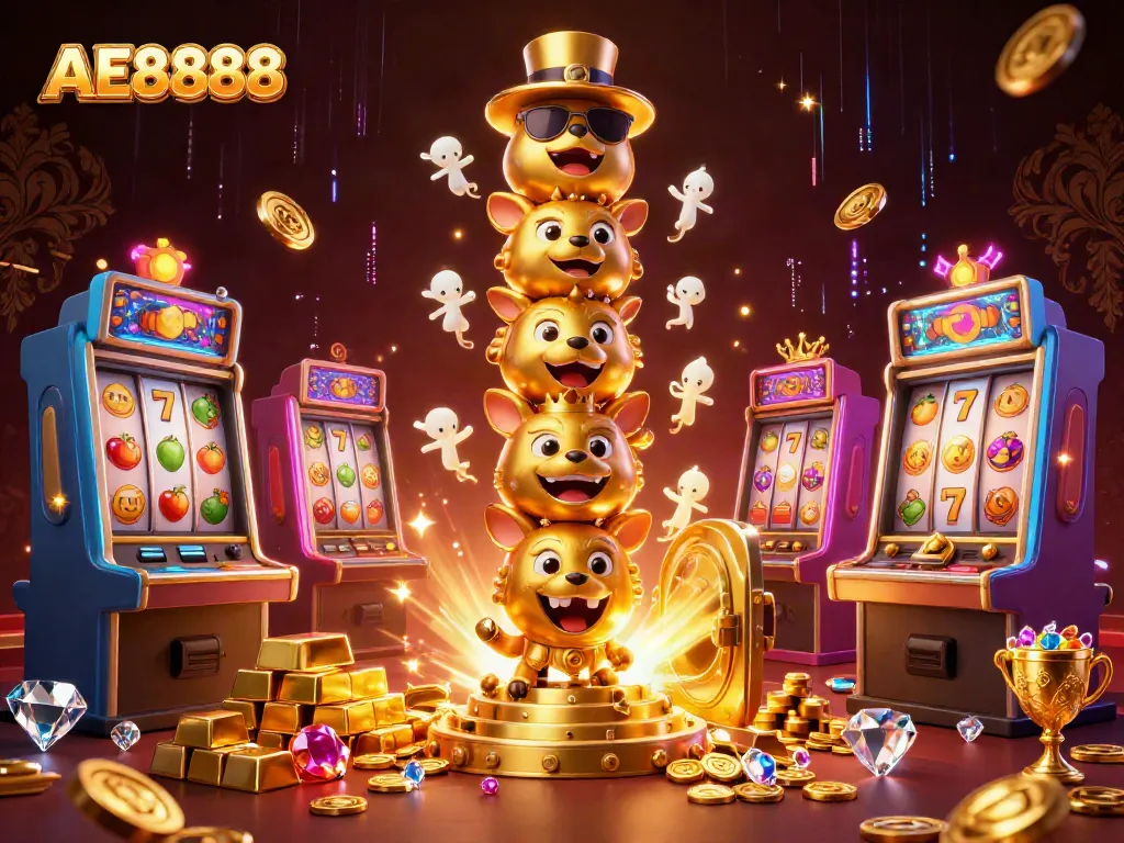 Spin and win at AE8888 with vibrant slot machines, totem pole, and treasure in 3D digital art.