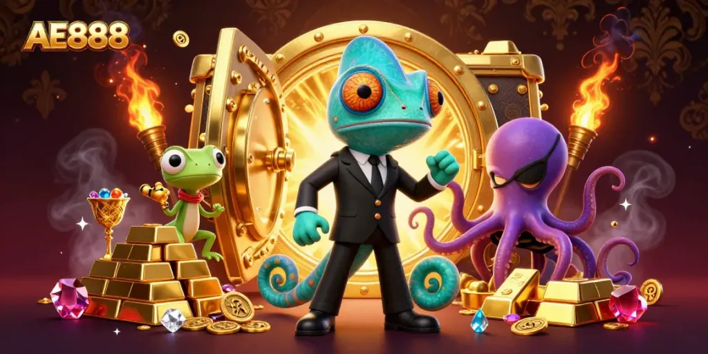 Experience the thrill of AE888 with chameleon agents, a gecko companion, and treasures galore in a colorful casino scene.