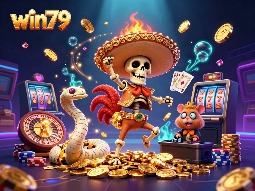 Engaging win79 casino scene with characters celebrating wins amidst piles of coins and dynamic gaming elements.