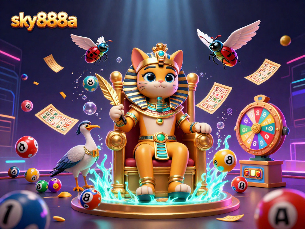 Experience the thrill of sky888a with colorful lottery balls and a 3D pharaoh cat illustration.