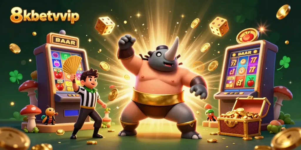 Experience the thrill at 8kbetvvip with colorful casino elements and festive characters.