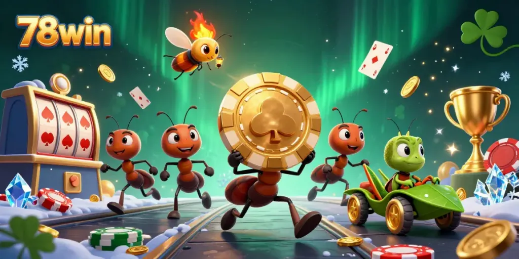 Experience the thrilling world of 78win with ants on a heist for a giant poker chip, surrounded by dynamic casino elements.