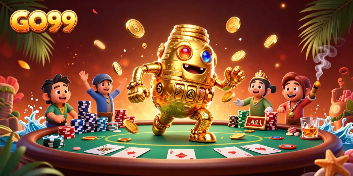 Engage with GO99's vibrant casino scene featuring golden golem and poker action.