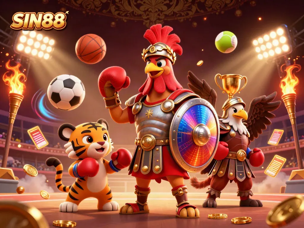 SIN88 showcases a vibrant 3D casino scene featuring a gladiator rooster with interactive game elements.
