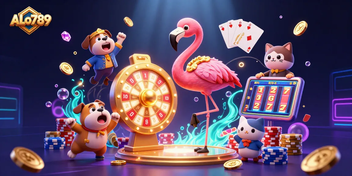Spin the prize wheel with ALo789's thrilling gaming experience, featuring vibrant characters and dynamic casino elements.