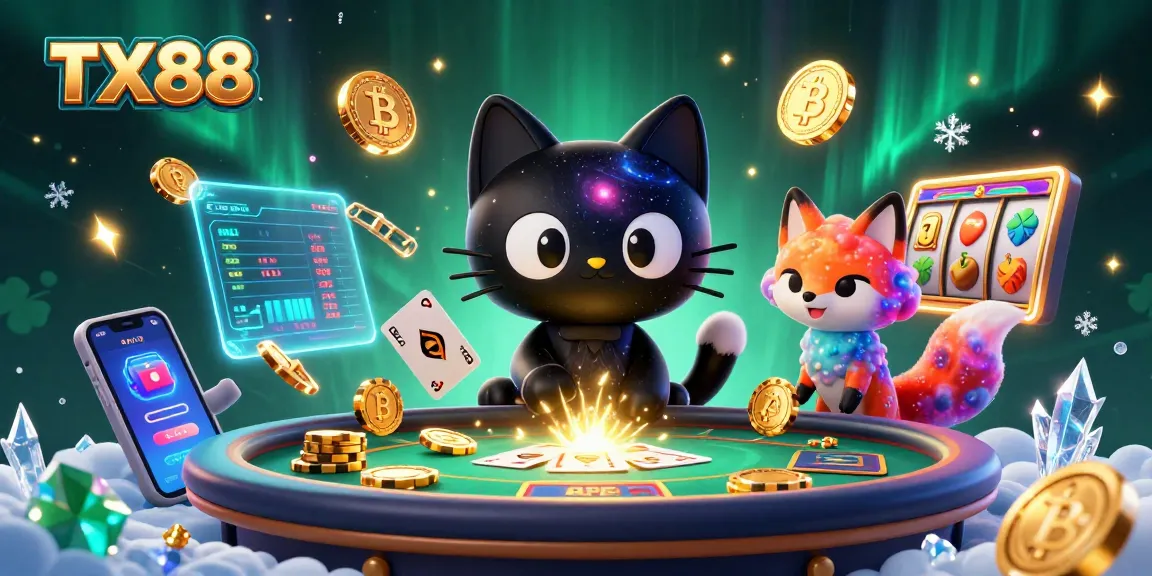 TX88 engages players with a dynamic cosmic casino scene featuring a playful cat and fox.