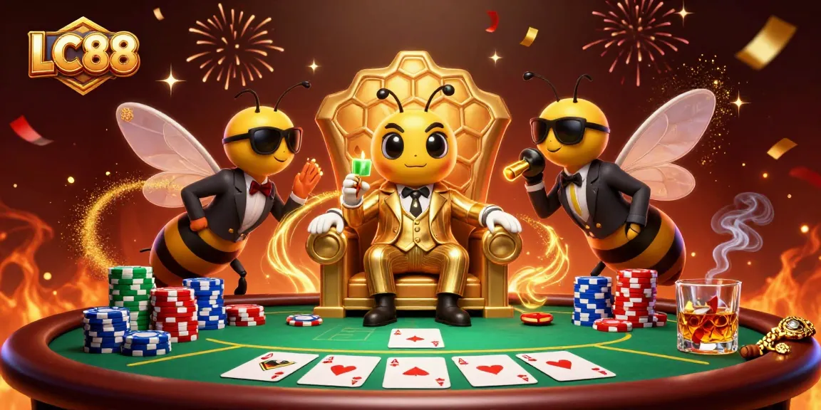 Experience thrilling poker action with LC88 in a vibrant 3D casino scene filled with excitement.