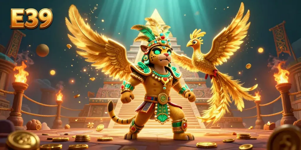 Experience the excitement of E39 gaming with a vibrant 3D scene featuring a Mayan priest, quetzal bird, and gold coins.