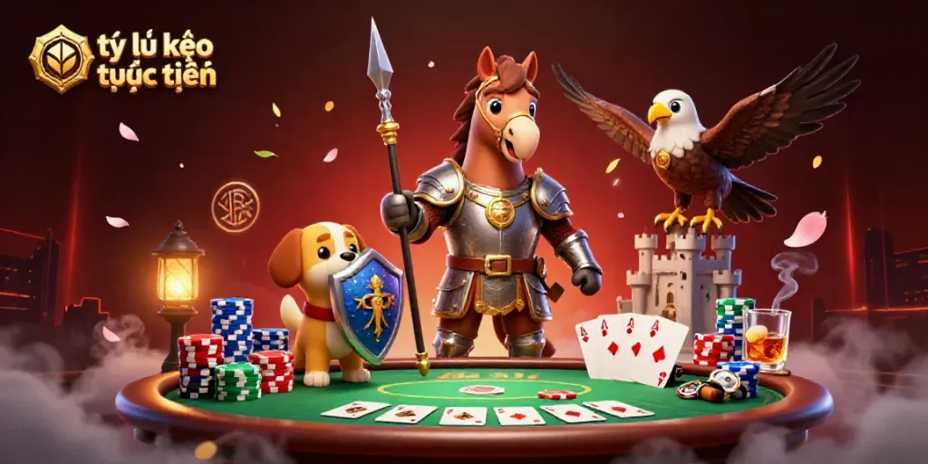 Engaging scene depicting tỷ lệ kèo trực tuyến with cartoon knight and puppy at a poker table.