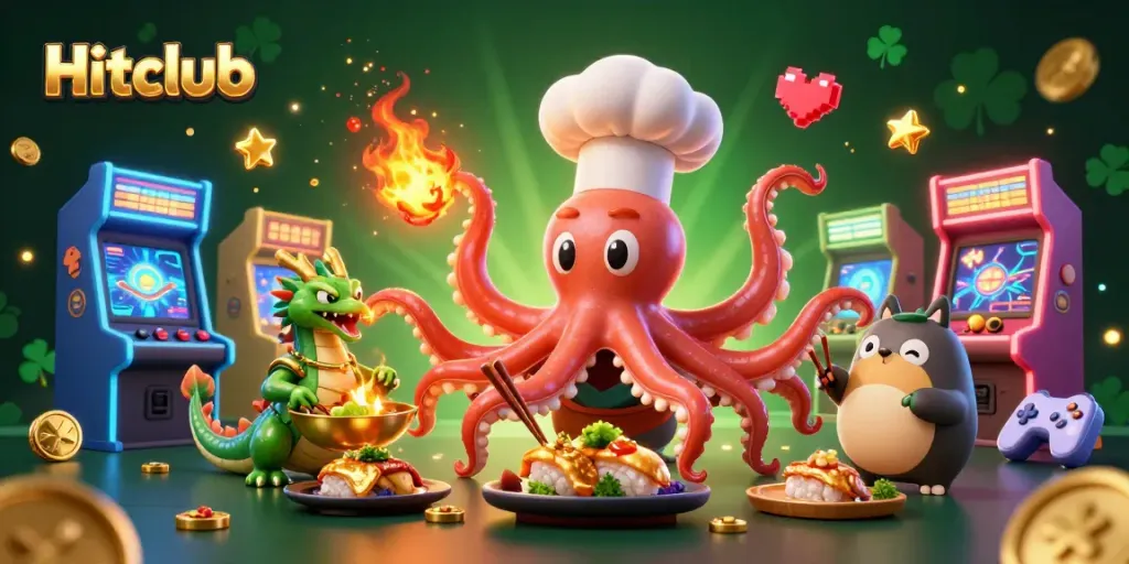 Engage with Hitclub's vibrant casino games featuring a dynamic octopus chef and mystical dragon in a lively gaming scene.
