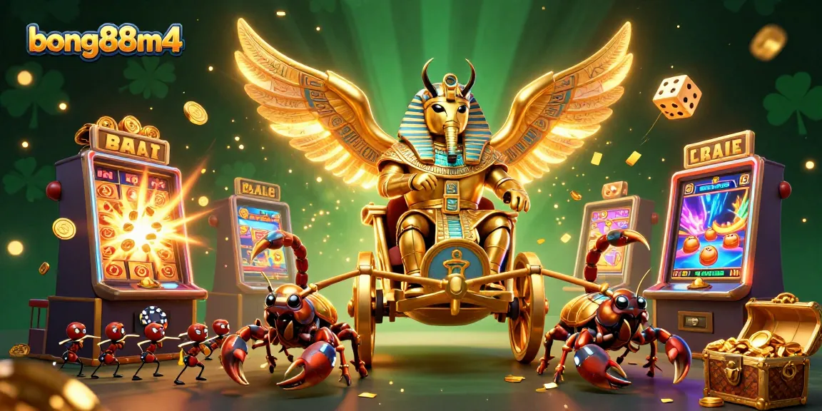 Experience the excitement of bong88m4 with a dynamic 3D illustration of a colossal golden scarab beetle amidst casino symbols.