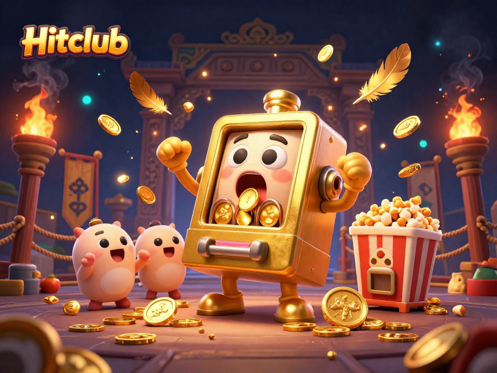 Hitclub jackpot celebration scene with animated slot machines and golden coins.