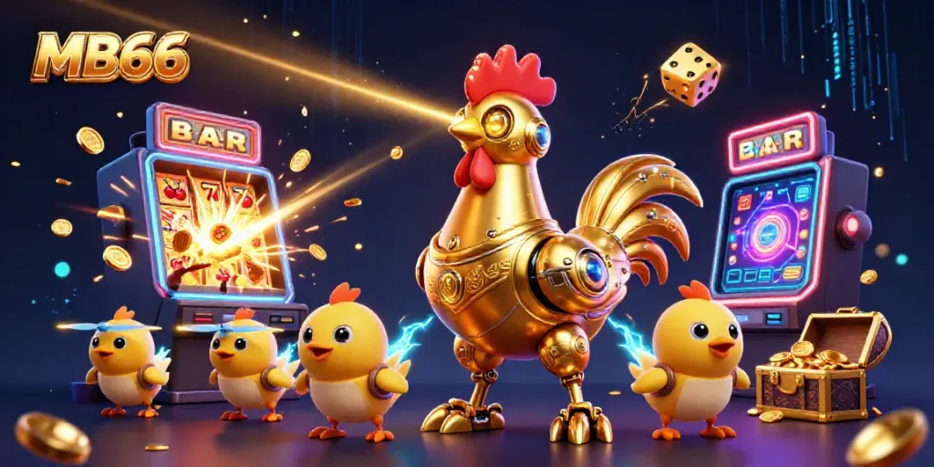 Experience the excitement of MB66 casino with vibrant 3D illustration featuring a golden rooster and slot machine.