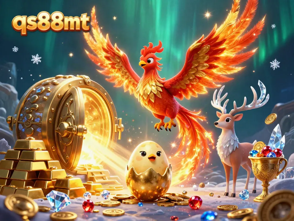 Engage with qs88mt through an immersive 3D world featuring a phoenix and treasure elements.