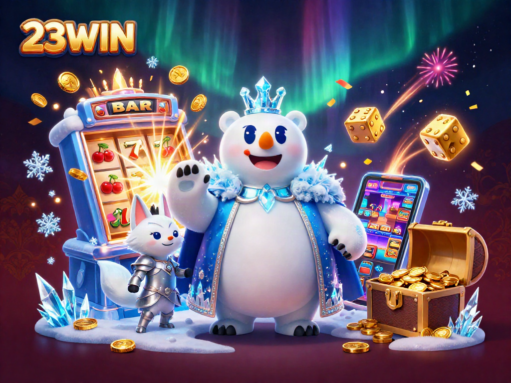 Experience casino thrills with 23WIN featuring a polar bear king, snow fox, and dazzling jackpot elements.