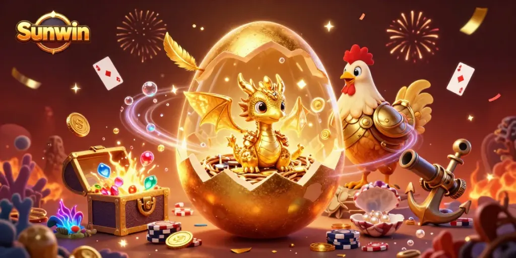 Play and win with Sunwin’s exciting golden dragon scene filled with poker chips and treasure!